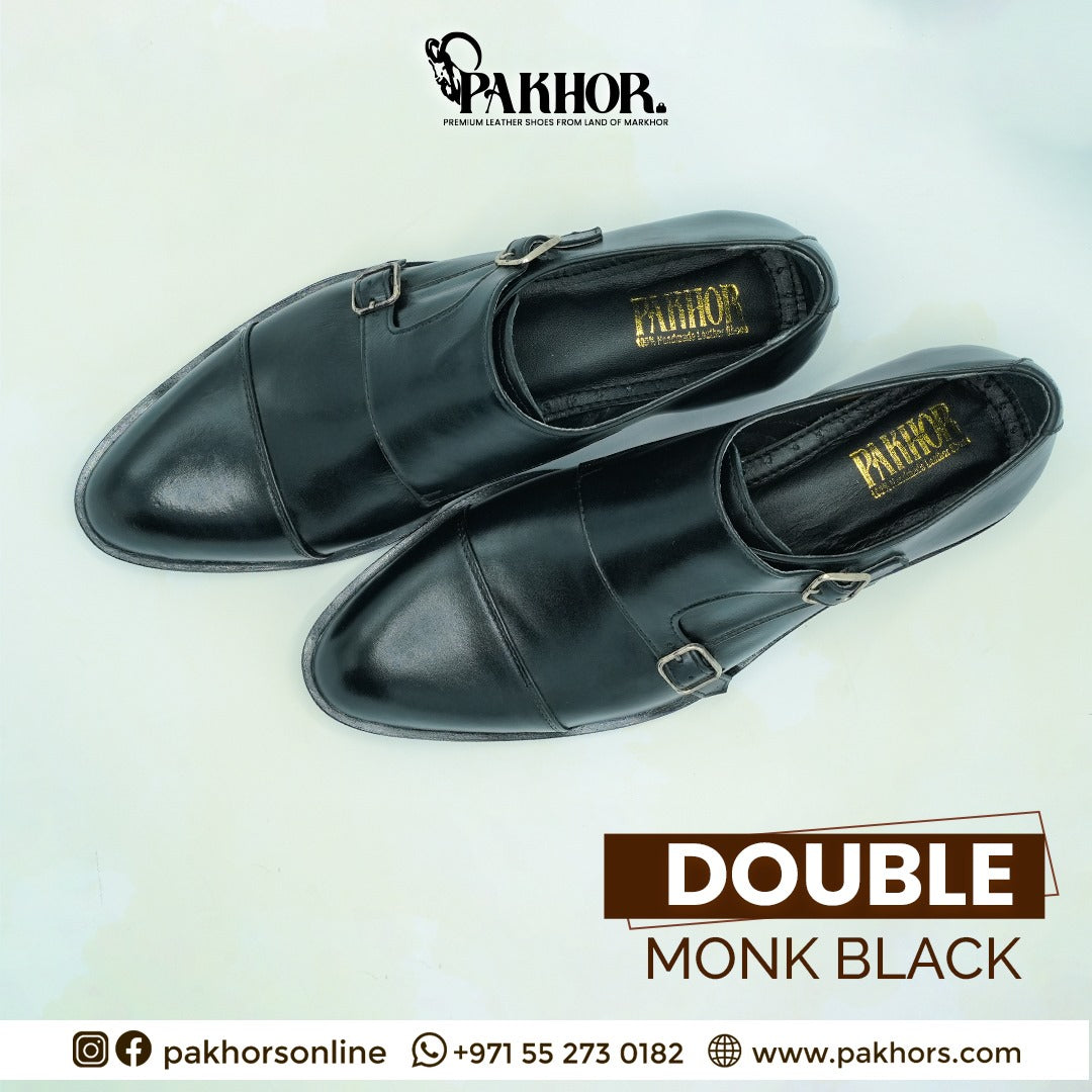 Double Monk Black Leather Shoes