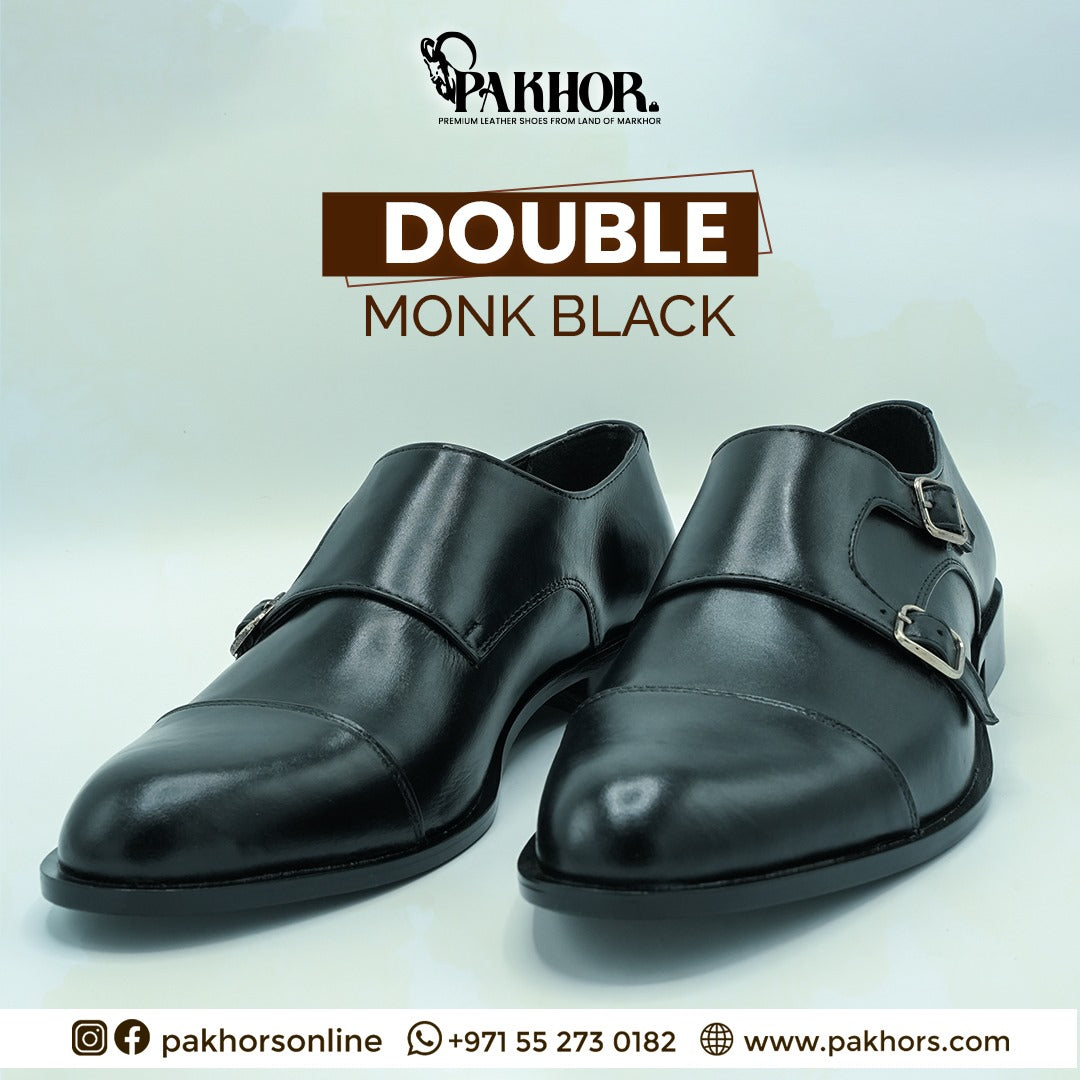 Double Monk Black Leather Shoes