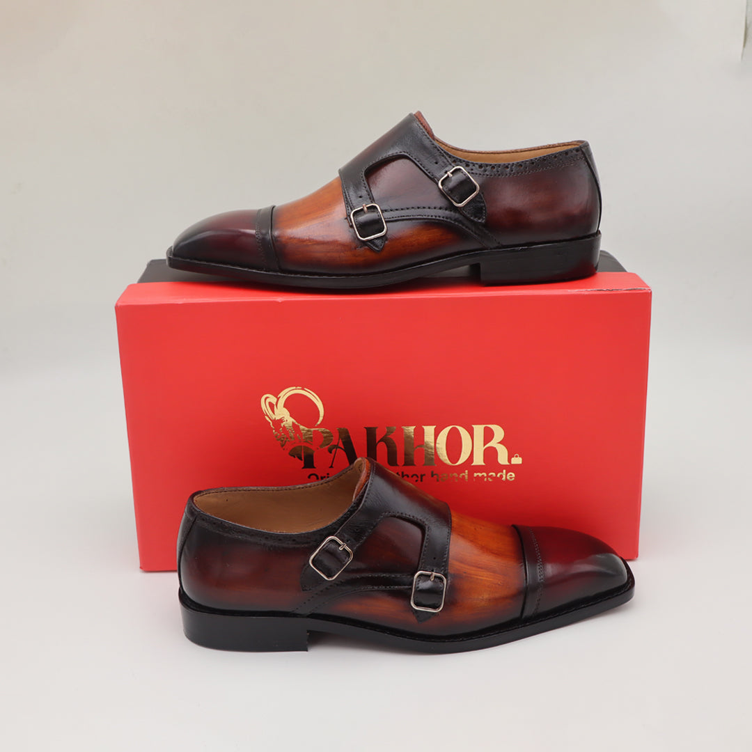 Premium Double Monk Strap Leather Shoes – Two-Tone Brown & Black