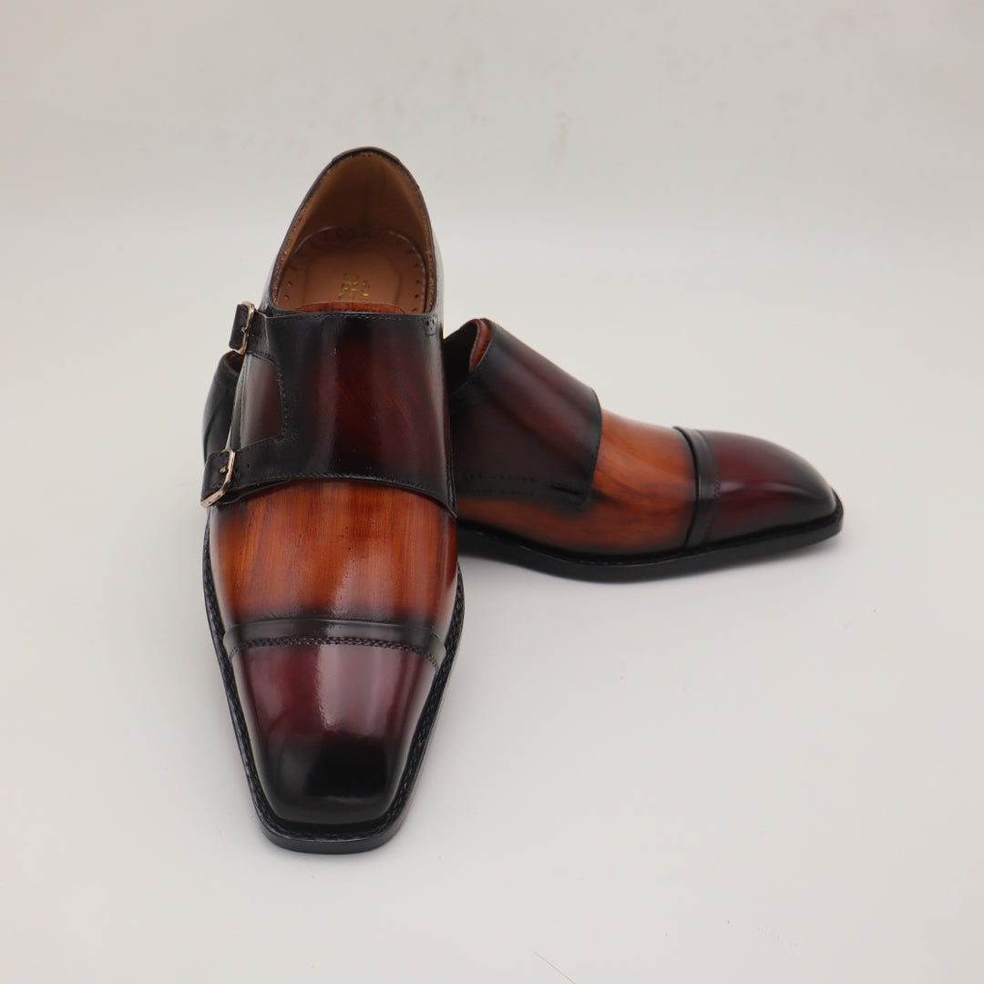 Premium Double Monk Strap Leather Shoes – Two-Tone Brown & Black