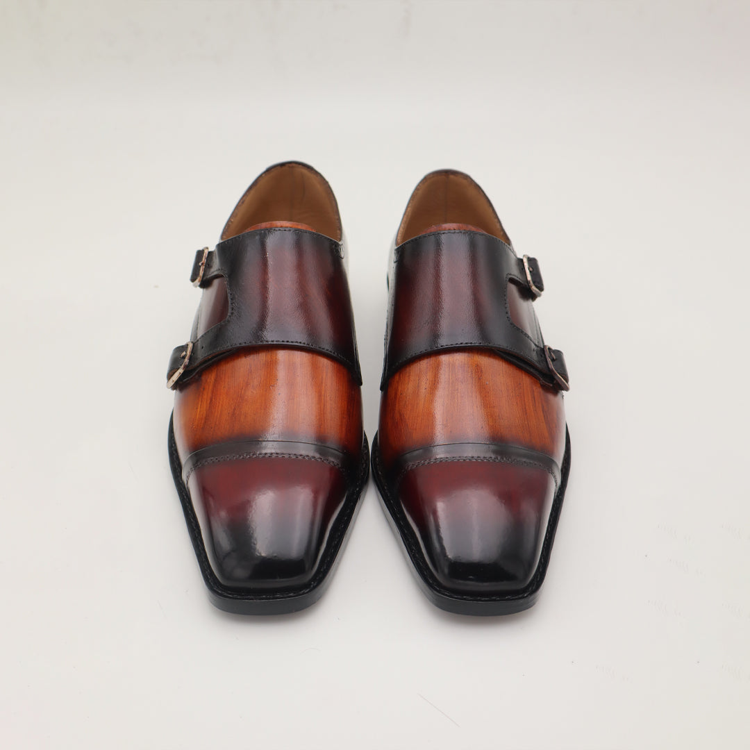 Premium Double Monk Strap Leather Shoes – Two-Tone Brown & Black