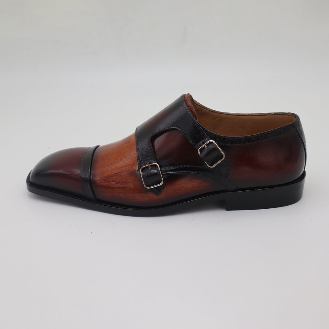 Premium Double Monk Strap Leather Shoes – Two-Tone Brown & Black