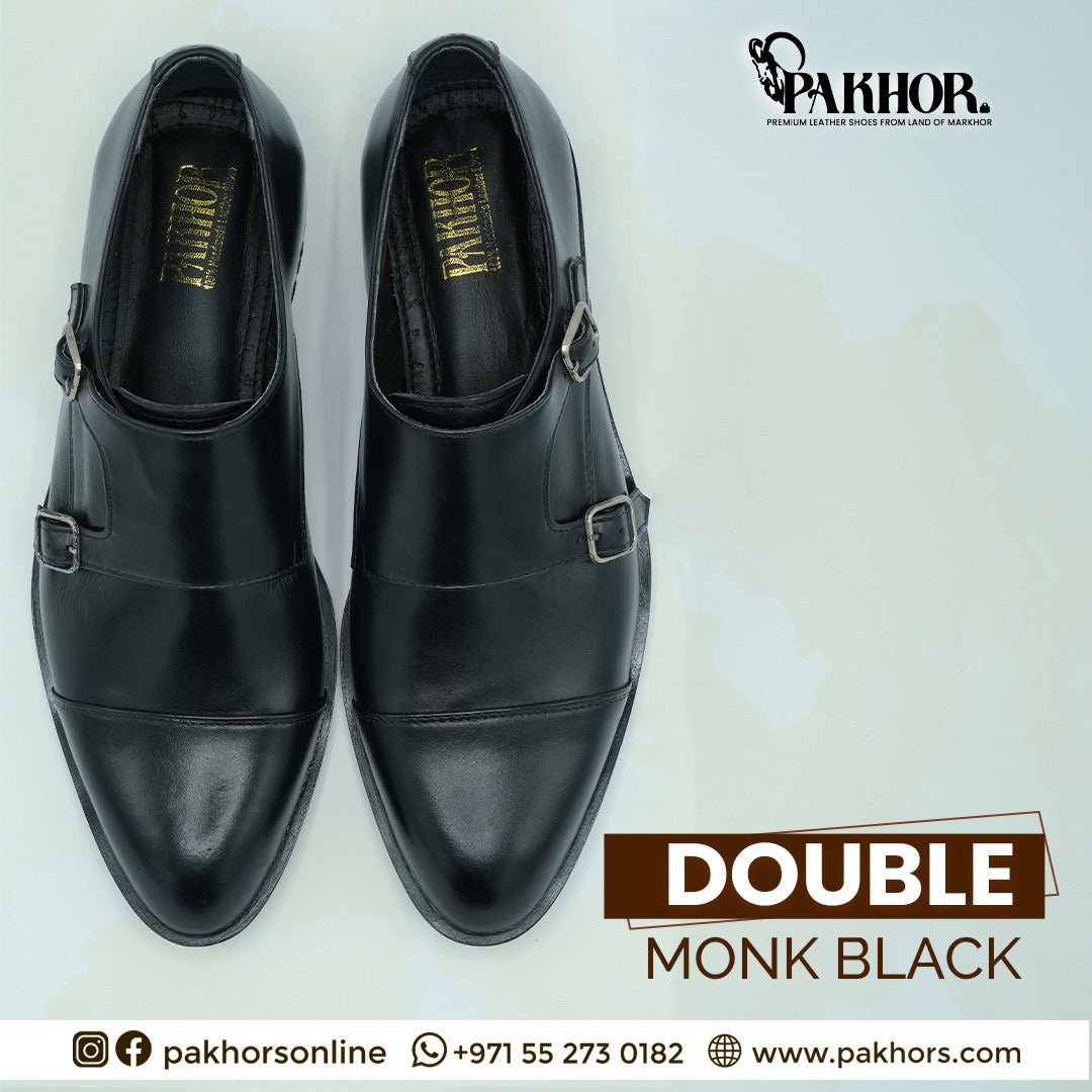 Double Monk Black Leather Shoes