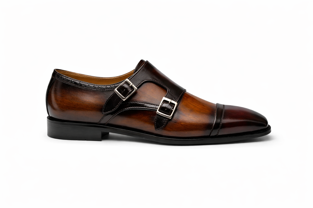 Premium Double Monk Strap Leather Shoes Two-Tone Brown & Black Pakhors Premium Double Monk Strap Leather Shoes Two-Tone Brown & Black Pakhors