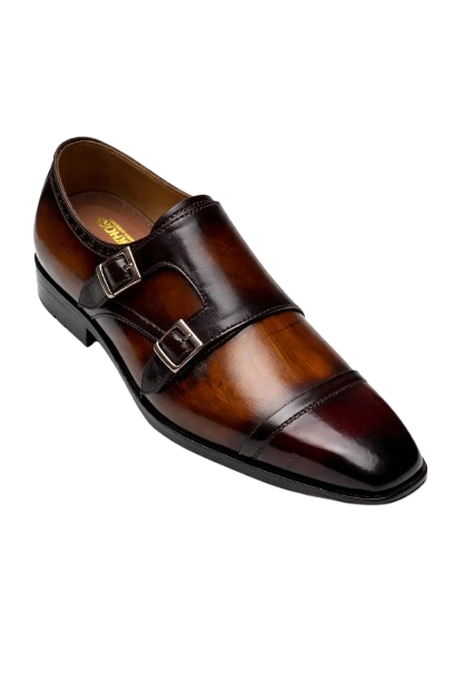 Premium Double Monk Strap Leather Shoes – Two-Tone Brown & Black