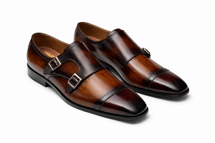 Premium Double Monk Strap Leather Shoes – Two-Tone Brown & Black