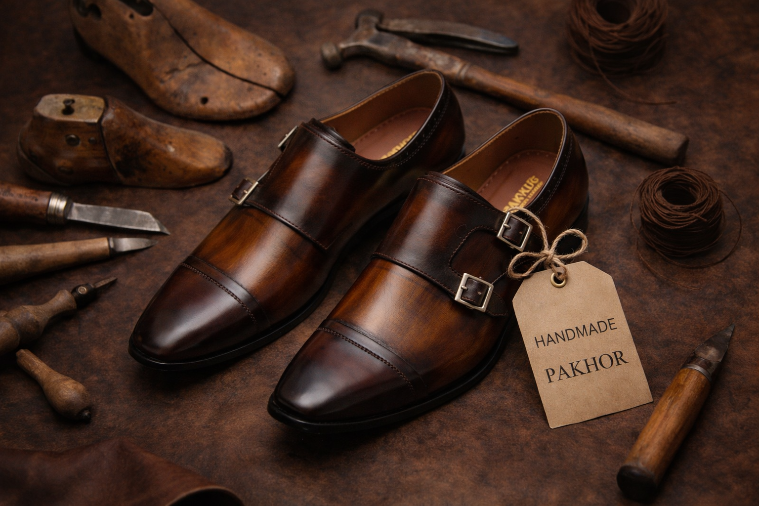 Premium Double Monk Strap Leather Shoes – Two-Tone Brown & Black